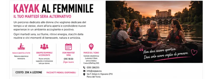 Kayak al Femminile, corso dedicato alle donne presso AqQua nel Parco del Ticino a Vigevano